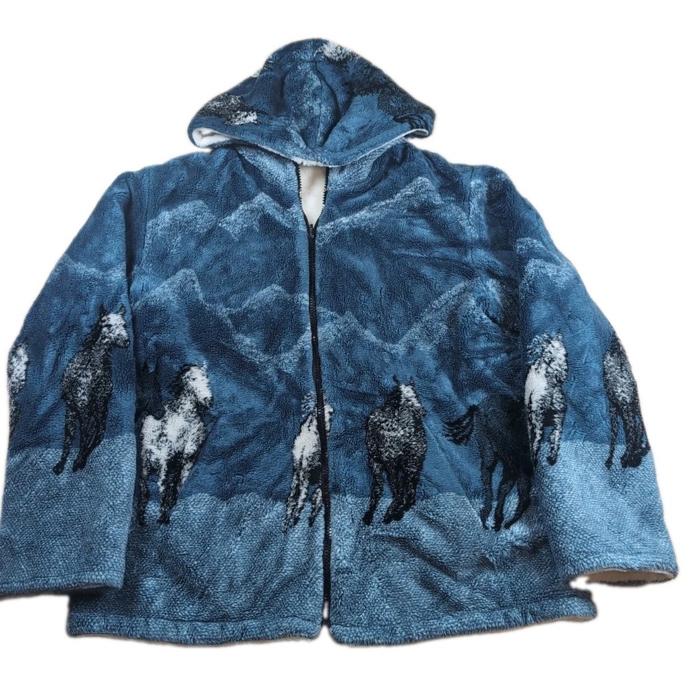 Nordic Lights Jacket Women's L 100% Acrylic Horses Graphic Hooded Shacket